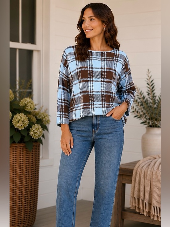 Adrienne Vittadini Sweaters - Adrienne Vittadini Plaid 3/4 Sleeve Soft Knit Sweater - Blue/Brown Sz M